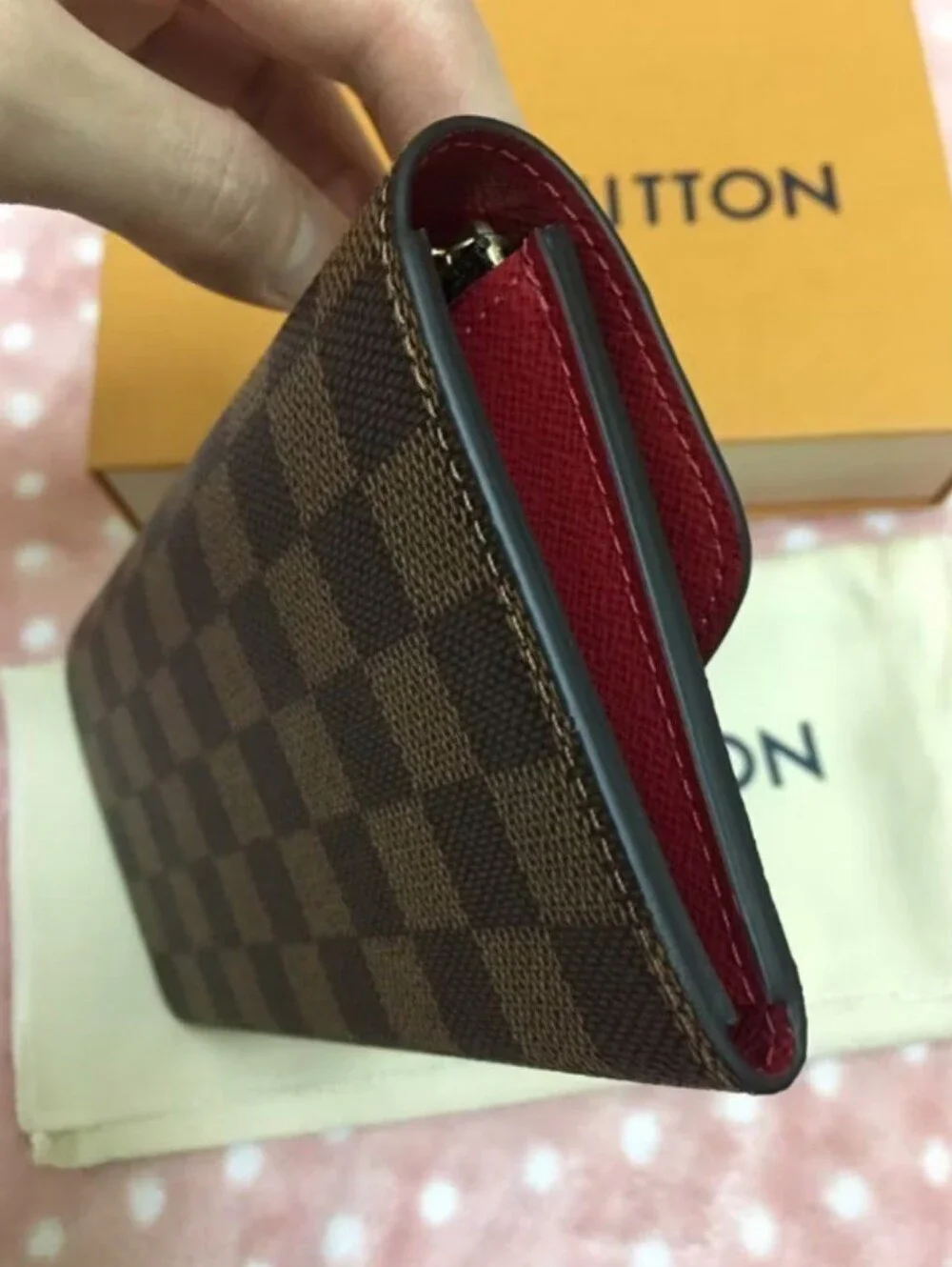 Louis Vuitton Damier Ebene Continental Wallet with Red Snap Closure
